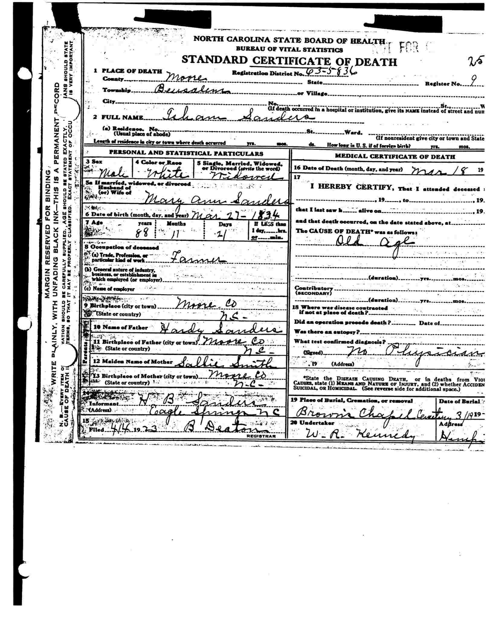 Isham Sanders Death Certificate